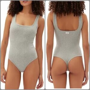 GapBody Gray Ribbed Cotton Thong Bodysuit Scoop Neck Stretch Loungewear~NEW!